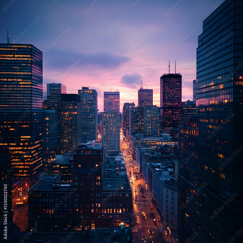 Fototapeta premium Cityscape at dawn, illuminated buildings