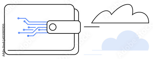 Simplified digital wallet connected to cloud, symbolizing data transfer. Ideal for finance, technology, cybersecurity, cloud storage, digital payments, data management fintech. Clean flat simple