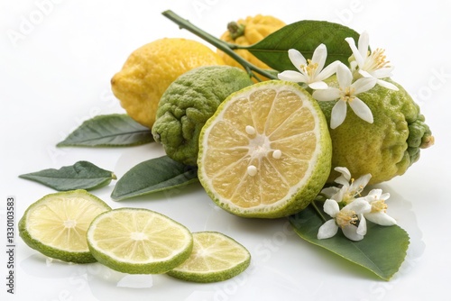 Fresh Bergamot Fruits and Jasmine Flowers Beautifully Arranged for a Vibrant Display of Nature's Bounty Generative AI