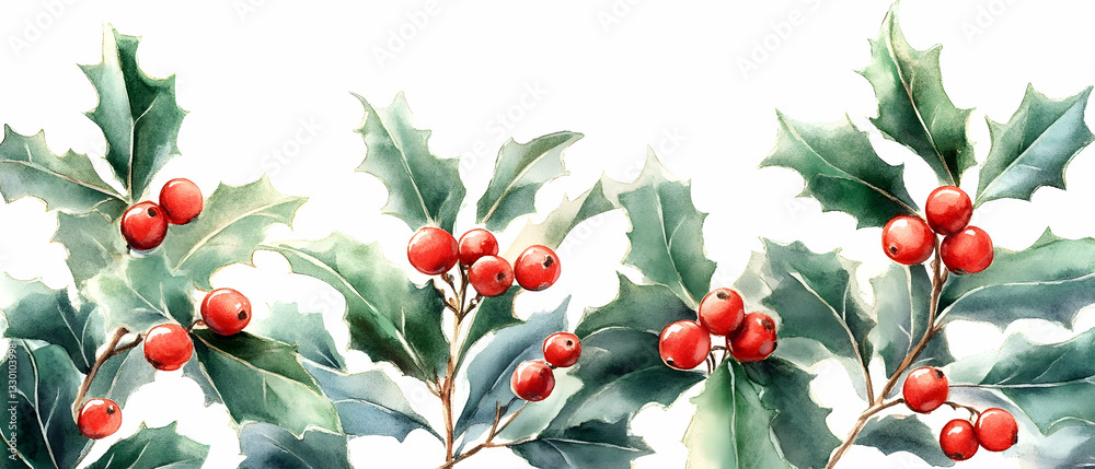 Fototapeta premium Holly berries watercolor border, festive