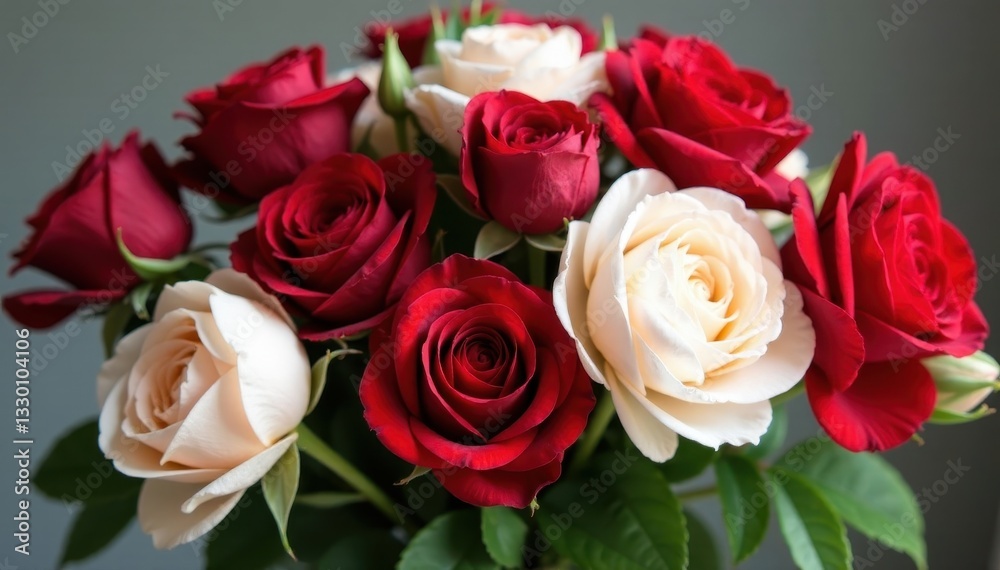 Deep red roses & cream peonies in classic arrangement, botanical, background Deep red roses & cream peonies in classic arrangement, botanical, background