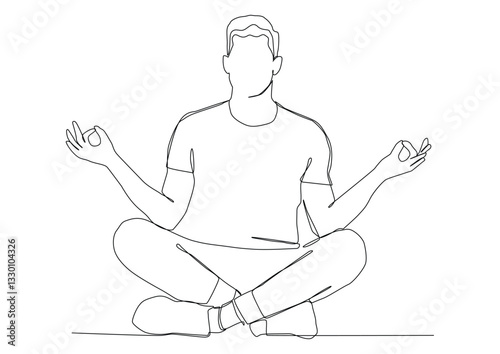 Continuous one line art of man sitting in a pose for meditation and breathing practices, relaxation concept, yoga class, calmness, simple physical activity.
