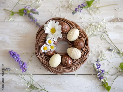 Easter-Themed Food Photography on Light Wooden Surface with Soft Pastel Background 