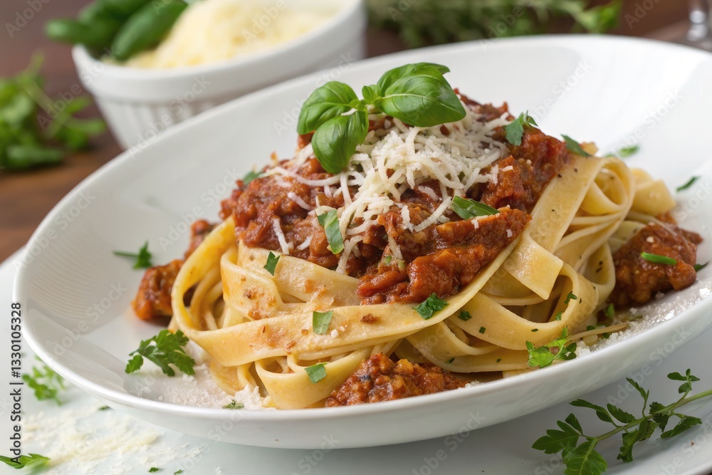 Gourmet Italian Bolognese Pasta Topped With Fresh Basil and Cheese, Served on a White Plate Generative AI Gourmet Italian Bolognese Pasta Topped With Fresh Basil and Cheese, Served on a White Plate Generative AI