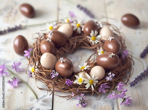 Easter-Themed Food Photography on Light Wooden Surface with Soft Pastel Background 
