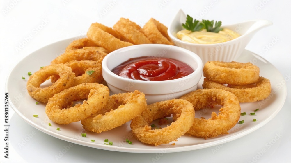 Crispy Golden Onion Rings with Ketchup on White Plate, Tasty Fried Snack Crispy Golden Onion Rings with Ketchup on White Plate, Tasty Fried Snack