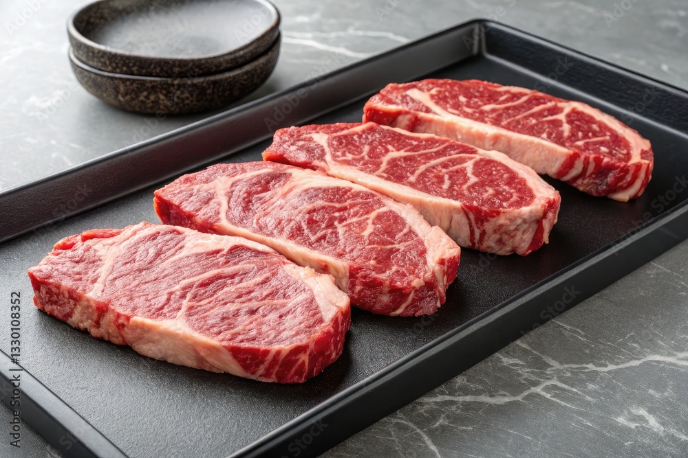 Fototapeta premium Juicy Beef Ribeye Steak Cuts Showcasing Rich Marbling on a Black Serving Platter Against a Marble Background Generative AI