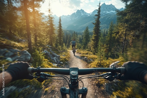Front View of Handlebar and Armrest While Riding a Mountain Bike with a Friend in the Mountains