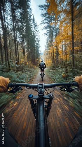 Front View of Handlebar and Armrest While Riding a Mountain Bike with a Friend in the Mountains