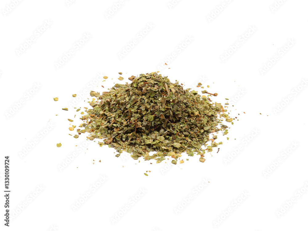 Pile of dry marjoram leaves isolated on white background Pile of dry marjoram leaves isolated on white background