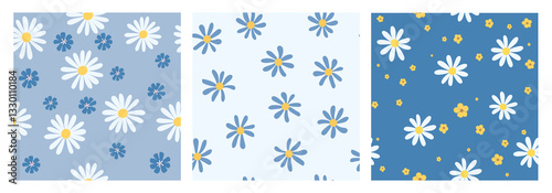 Groovy flower patterns set. Seamless endless background, floral repeating print
