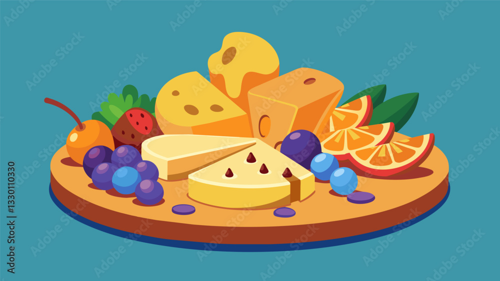 A whimsical interpretation of the cheese platter with melted cheese drizzled over a variety of fresh fruits and nuts creating a vibrant and flavorful. Vector illustration A whimsical interpretation of the cheese platter with melted cheese drizzled over a variety of fresh fruits and nuts creating a vibrant and flavorful. Vector illustration