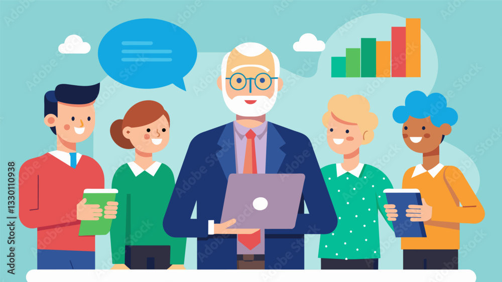 A seasoned entrepreneur sharing business advice and tools for seniors looking to start a new venture in their retirement.. Vector illustration A seasoned entrepreneur sharing business advice and tools for seniors looking to start a new venture in their retirement.. Vector illustration