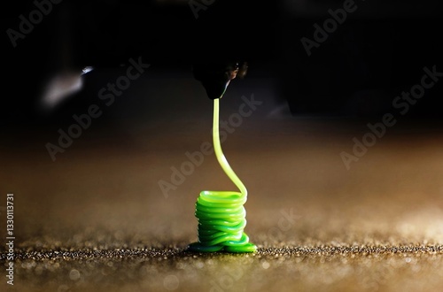 3D Printer Nozzle Cleaning Process, Printing With Green Filament, close up view