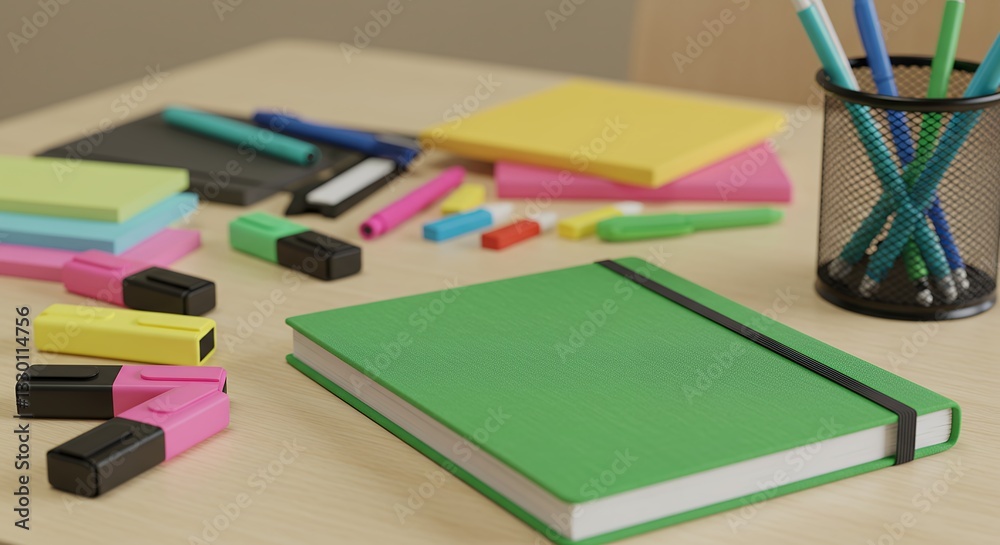 Fototapeta premium Green Notebook with Colorful Office Supplies on Desk for Planning
