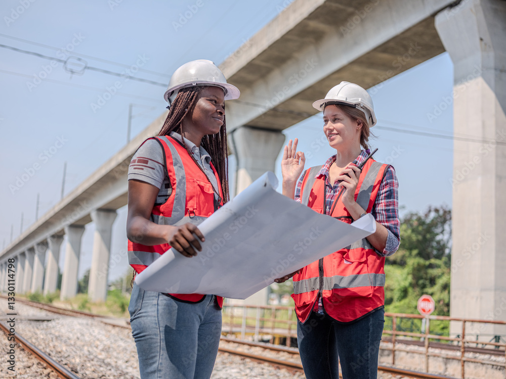 Female railway engineer discusses problems, coworker agrees to the proposal, tells coworker to look at and use radio communication to talk to maintenance staff at construction site.