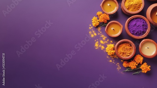 Colorful Candles and Powder Spices with Flowers on Purple Background
