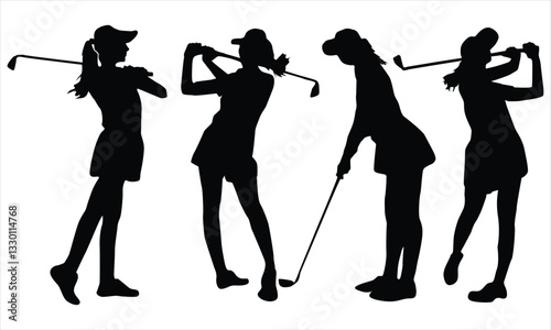 set of vector silhouette female professional golfers playing golf on a white background
