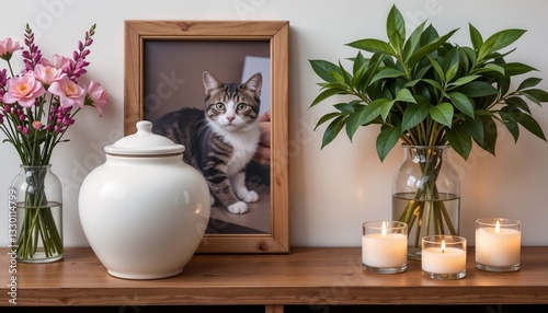 Ceramic memorial urn with ashes and a photo of a deceased striped cat. Pink flowers, green leaves, and lit candles on either side create a heartfelt tribute to a beloved pet.

