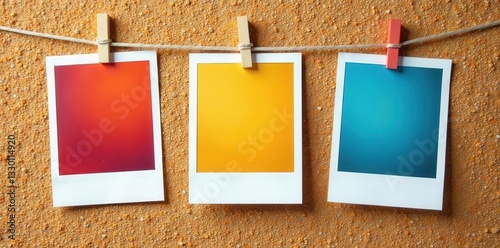 Three instant photos pinned to a corkboard, rustic background, template, brown