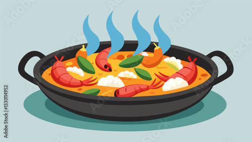 The seafood paella has a distinct smoky flavor thanks to the woodfired cooking od enhancing the natural flavors of the fresh seafood.. Vector illustration