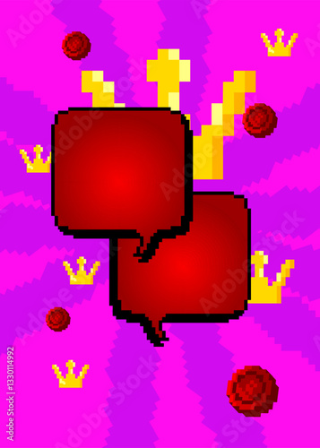 Pixelated speech bubble with geometric graphic background. Retro cartoon vector.