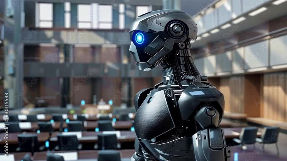 Humanoider Roboter in futuristischem Bürogebäude Humanoider Roboter in futuristischem Bürogebäude