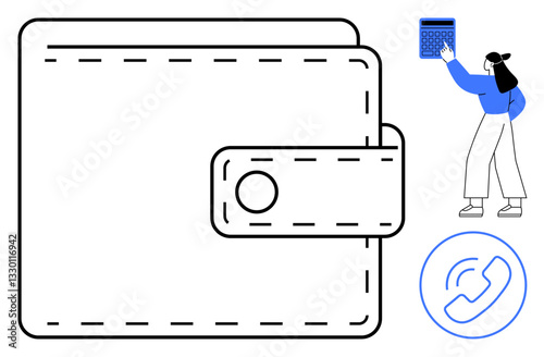 Large wallet in focus, woman calculating numbers, phone icon highlighting communication. Ideal for budget planning, finance apps, money saving, financial tools, expense tracking, contact services