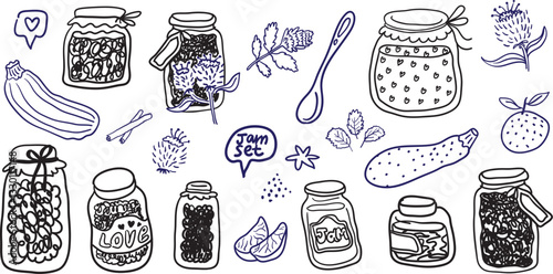 jam in jars set in hand drawn style in vector. Element for design advertisement mail posts poster print postcard banner menu decor backgrounds