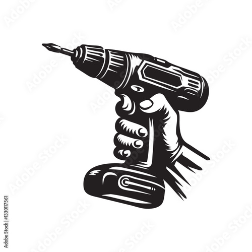 Electric drill silhouette. Vector monochrome drawing on white background.
