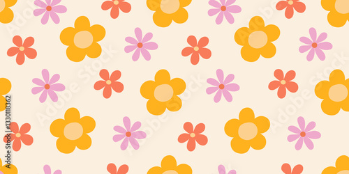 Seamless floral pattern. Groovy hippie flowers, repeating print, endless background.