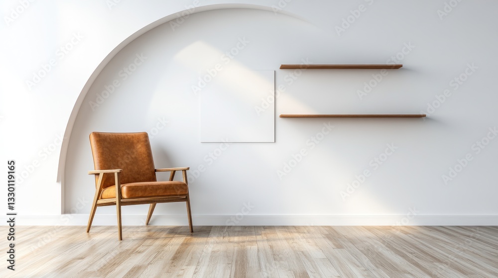 Fototapeta premium Modern armchair, shelves, sunlight, arched wall, interior design mockup