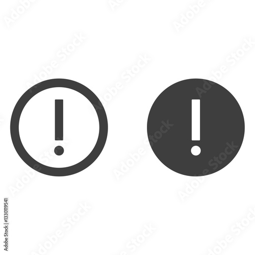 Caution alarm icons set. Danger, attention, white and black fatal error message element, exclamation mark of warning attention. Vector illustration.