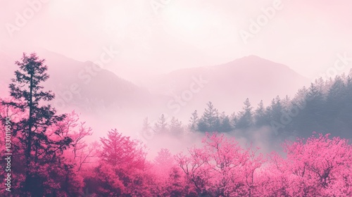 Pink pastel mystical foggy forest background, fantasy Japanese landscape with sakura trees, misty mountains, dreamy sunrise, soft light, and ethereal digital art style