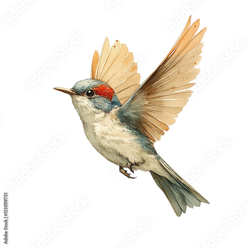 Watercolor Illustration of a Flying Bird with Blue and Red Plumage