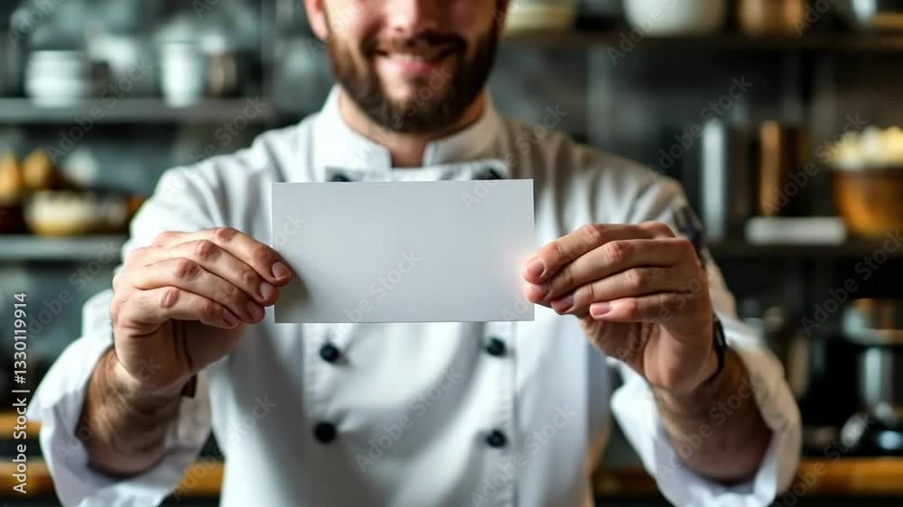 Chef presents culinary inspiration with a blank card at a modern kitchen setting Chef presents culinary inspiration with a blank card at a modern kitchen setting