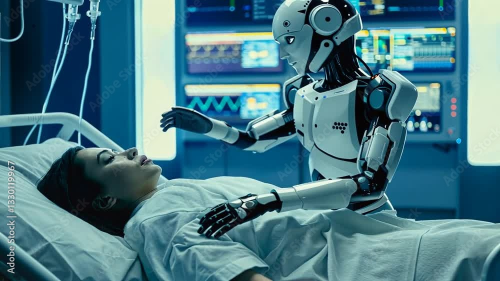 Roboter hält eine Person in einem Krankenhausbett