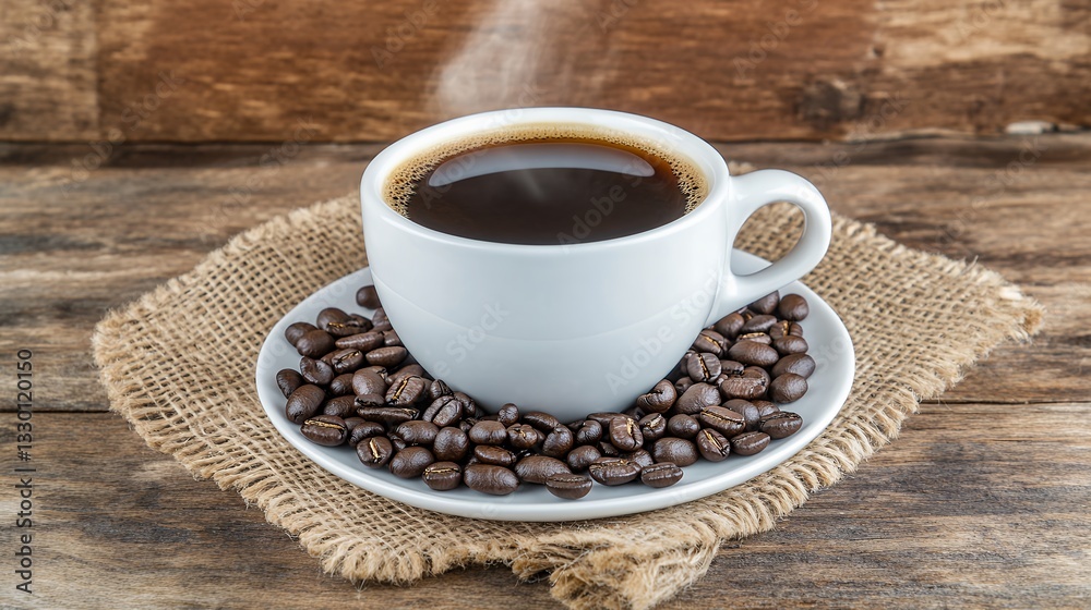Steaming Coffee Cup with Beans on Rustic Wooden Table for Breakfast Steaming Coffee Cup with Beans on Rustic Wooden Table for Breakfast