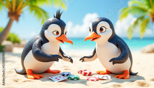 Fototapeta Naklejka Na Ścianę i Meble -  Two cartoon penguins playing poker on a sandy beach with palm trees in the background, whimsical fun concept.