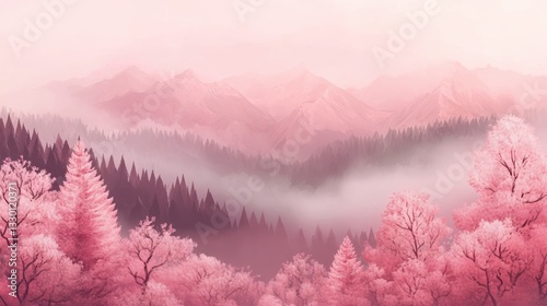 Pink pastel mystical foggy forest background, fantasy Japanese landscape with sakura trees, misty mountains, dreamy sunrise, soft light, and ethereal digital art style