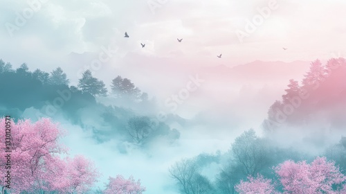 Pink pastel mystical foggy forest background, fantasy Japanese landscape with sakura trees, misty mountains, dreamy sunrise, soft light, and ethereal digital art style