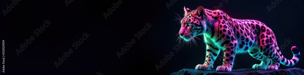 Naklejka premium Electric pink, green, & blue neon leopard; intense black background , pattern, safari, digital art