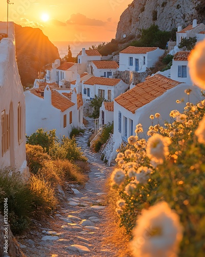 Fototapeta Naklejka Na Ścianę i Meble -  Greek village sunset white washed high resolution hd photo