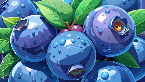 Plump blueberries with water droplets, close-up shot
