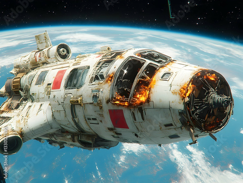 Wallpaper Mural Damaged Spaceship Orbiting Earth Torontodigital.ca
