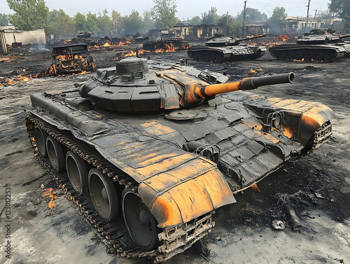 Damaged tank amidst fire