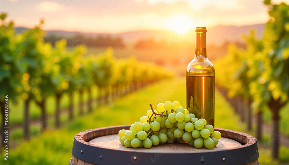 Obraz premium Close-up of a wine barrel with green grapes and a green wine bottle at sunset, set against a lush vineyard, symbolizing nature's bounty.