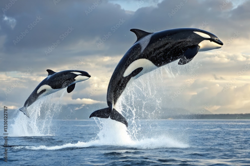 Obraz premium Orca Pair Leaps Gracefully Above Ocean Surface During Sunset With Dramatic Clouds in Background Generative AI