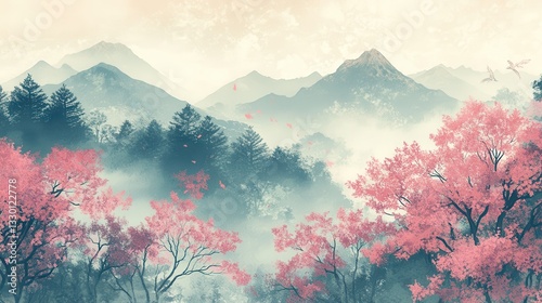 Pink pastel mystical foggy forest background, fantasy Japanese landscape with sakura trees, misty mountains, dreamy sunrise, soft light, and ethereal digital art style