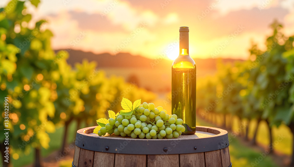 Fototapeta premium Wine barrel adorned with fresh green grapes and a bottle at sunset, showcasing the beauty of vineyard life and the harvest season.